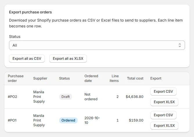 The Pursheet page in Shopify admin: a status filter, Export all buttons, and a purchase order list with CSV and XLSX buttons on each row